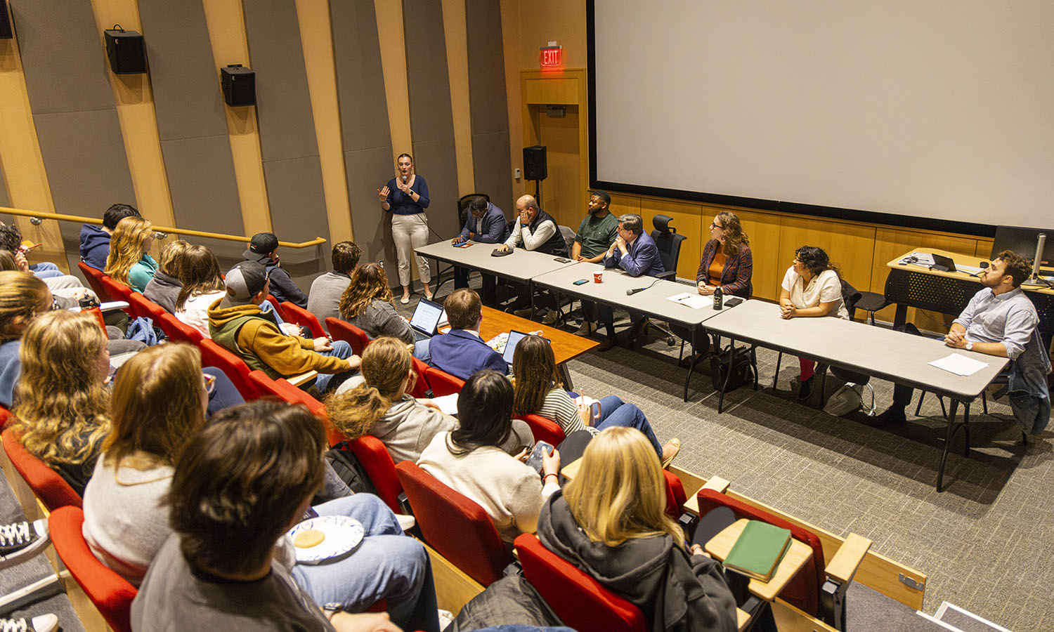 Students hosted a panel discussion on the election with: Assistant Professor of Politics Ed Quish, Assistant Director of Admissions for Visitor Relations Gaby Nieves '23, Assistant Professor of Religious Studies Blaize Gervais, President Mark D. Gearan, author Dan DeNose '10, Associate Professor of Business Management and Entrepreneurship Craig Talmage and Associate Professor of Politics DeWayne Lucas.