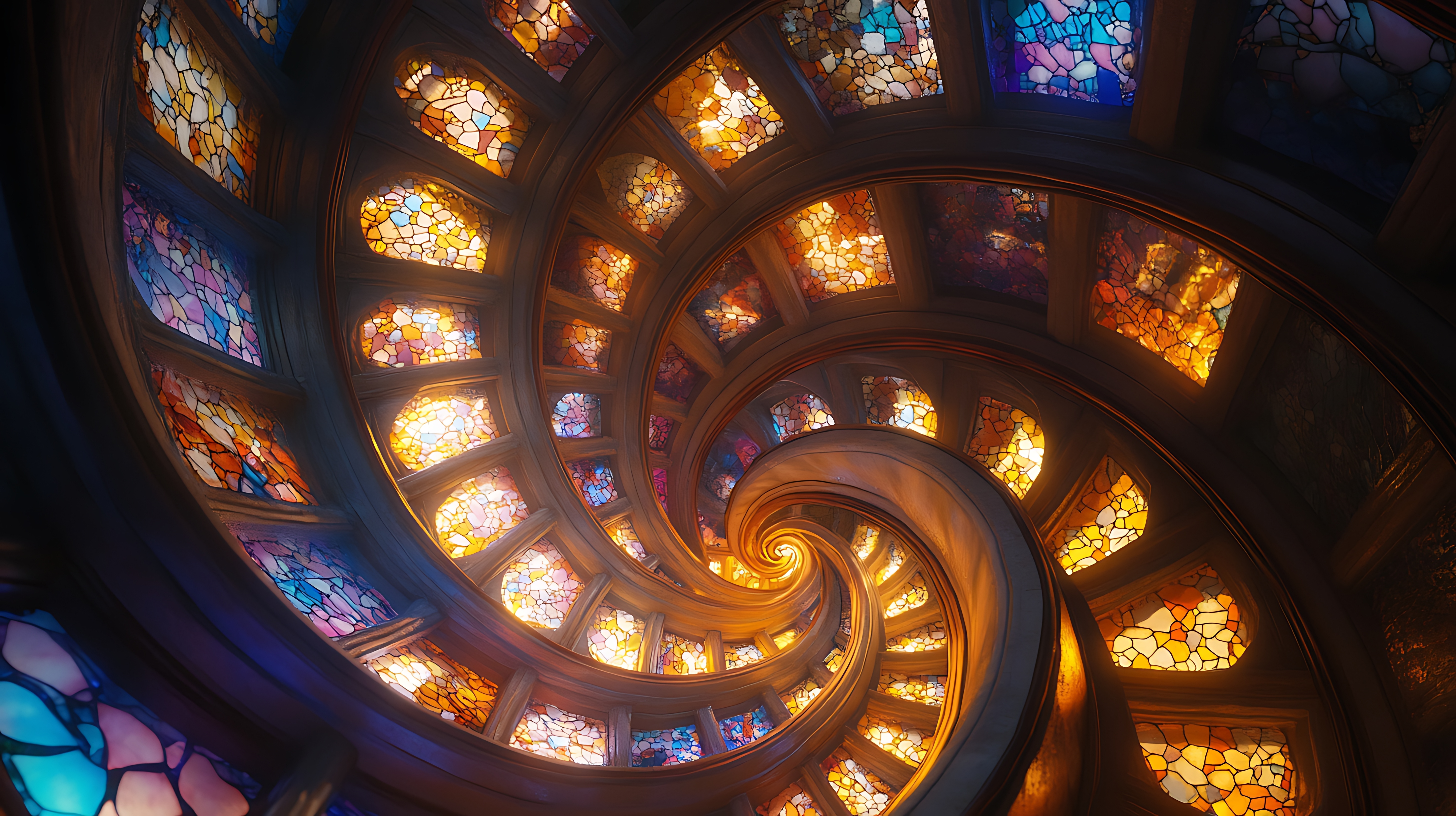 Stained glass spirals upward