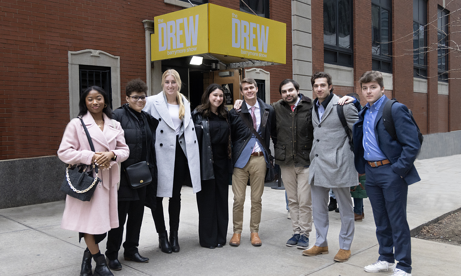 During the Behind the Scenes career event, Yashimabet Drummond ’24, A. King ’25, Julia Berg ’23, Alexandra Kopcak ’23, Nate Williams ’23, Tyler Stimpson ’23, Jonah Alexander ’24 and Shane Shell ’25 visit the set of the Drew Barrymore Show.