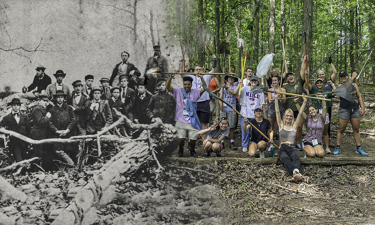 Hobart students in 1874 clean the South Campus. During a 2022 Day of Service, students clean Coopers’ Woods.