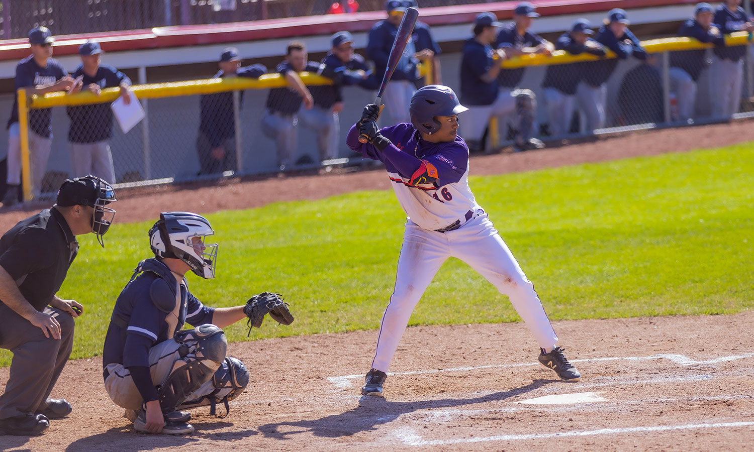 Jeremy Sanchez ’26 awaits a pitch during the first game of a doubleheader between Hobart and Ithaca.