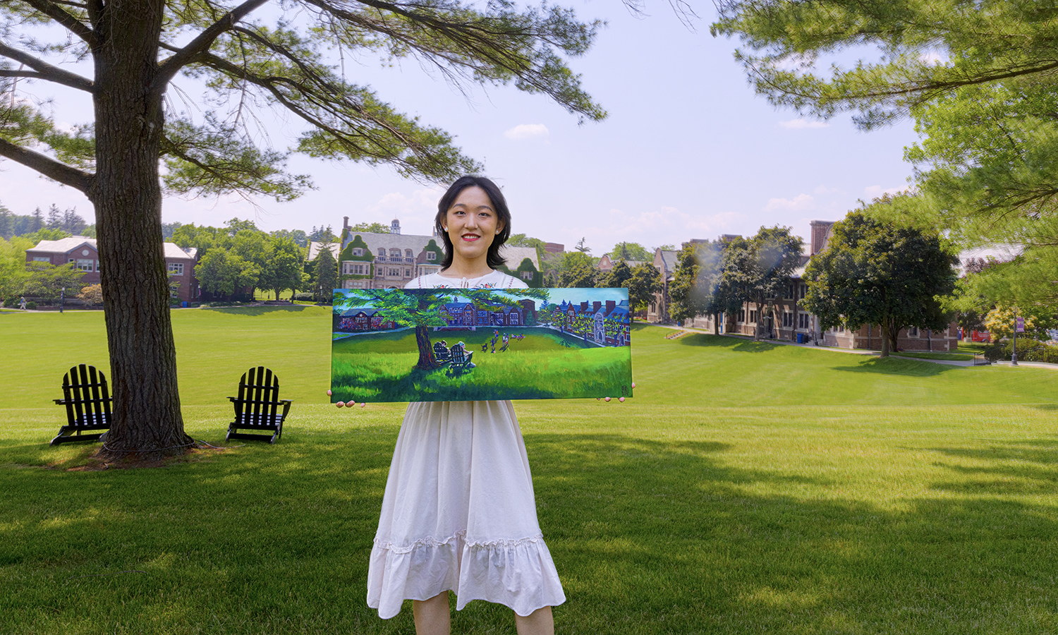 Mary Wei ’23 holds her painting of her favorite spot on campus, the Quad. 