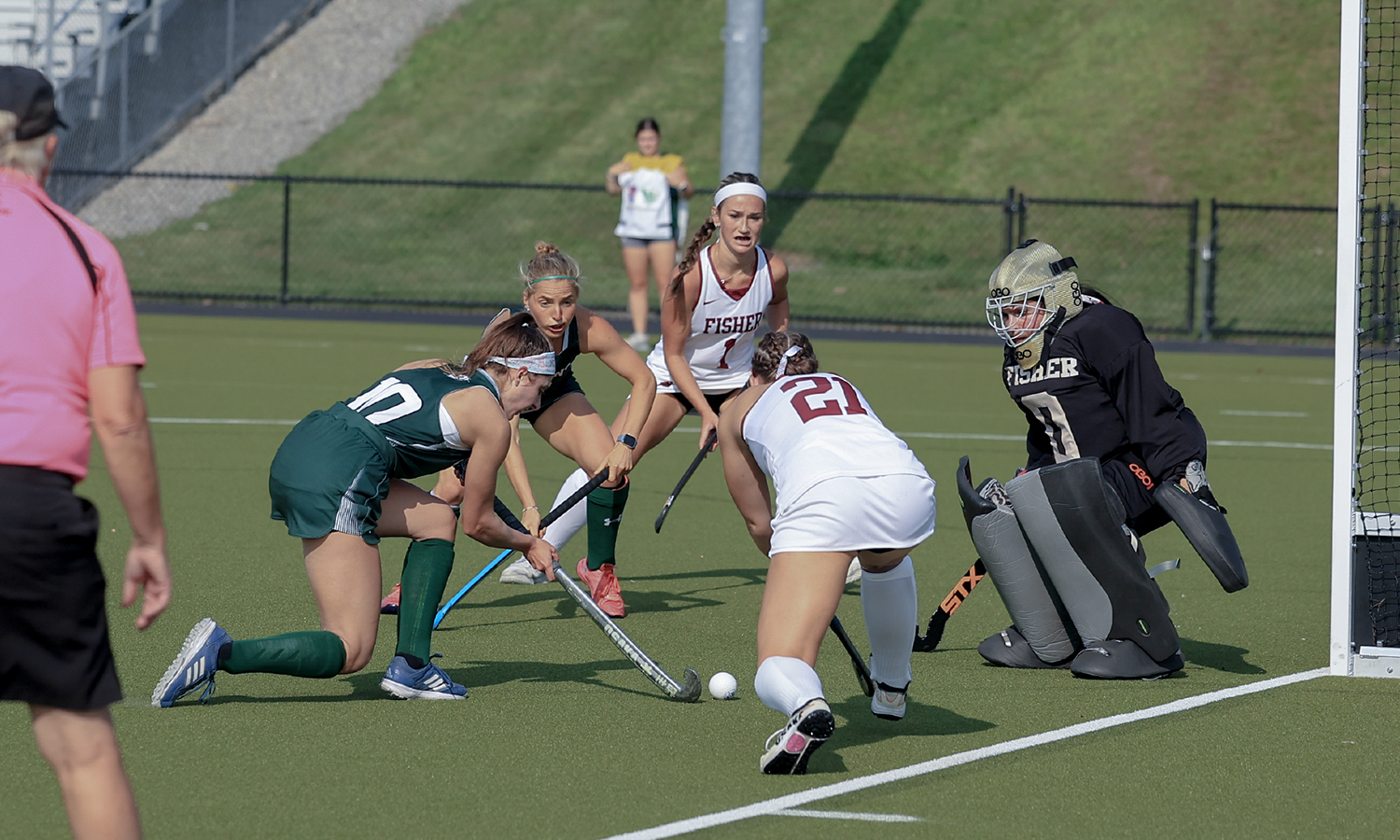 In the home opener, Rebecca Mantione ’25 takes a shot during the twentieth-ranked William Smith field hockey team’s victory over St. John Fisher.