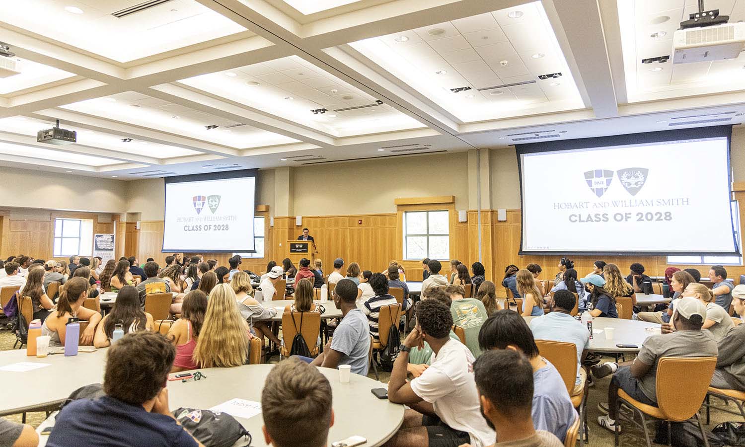 President Mark D. Gearan greets HWS Orientation Mentors as they prepare to welcome the incoming Class of 2028 as well as transfer students.