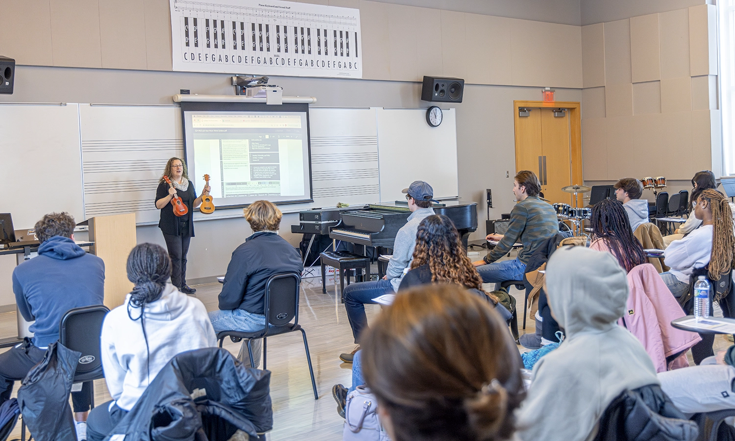 Associate Professor of Music Charity Lofthouse reviews ukuleles with students in the “How Music Works” course.