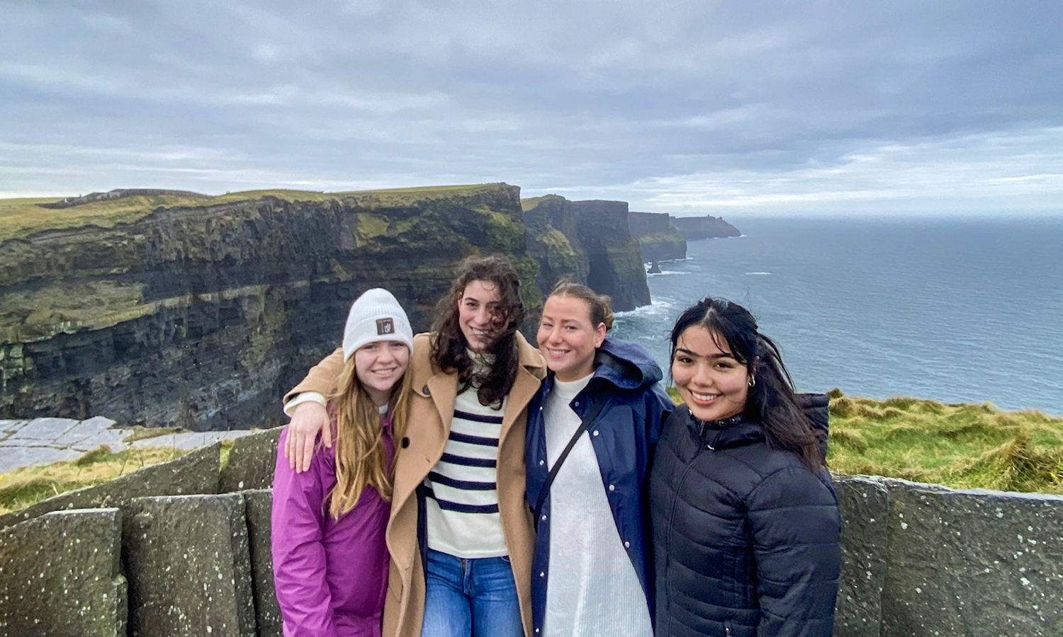 In Galway, Ireland, Annette Stephens ’24, Molly Trunfio ’24, Ella Weiss ’24 and Brenda Plascienda ’24 take in the Cliffs of Moher.