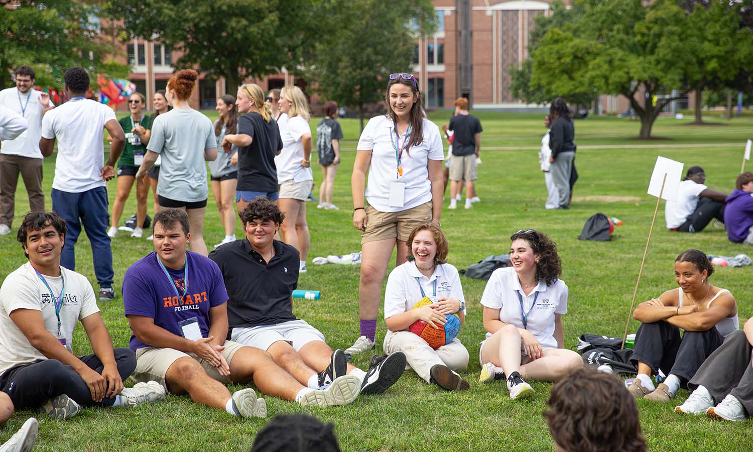 Students gather on Stern Lawn for icebreaker activities. 