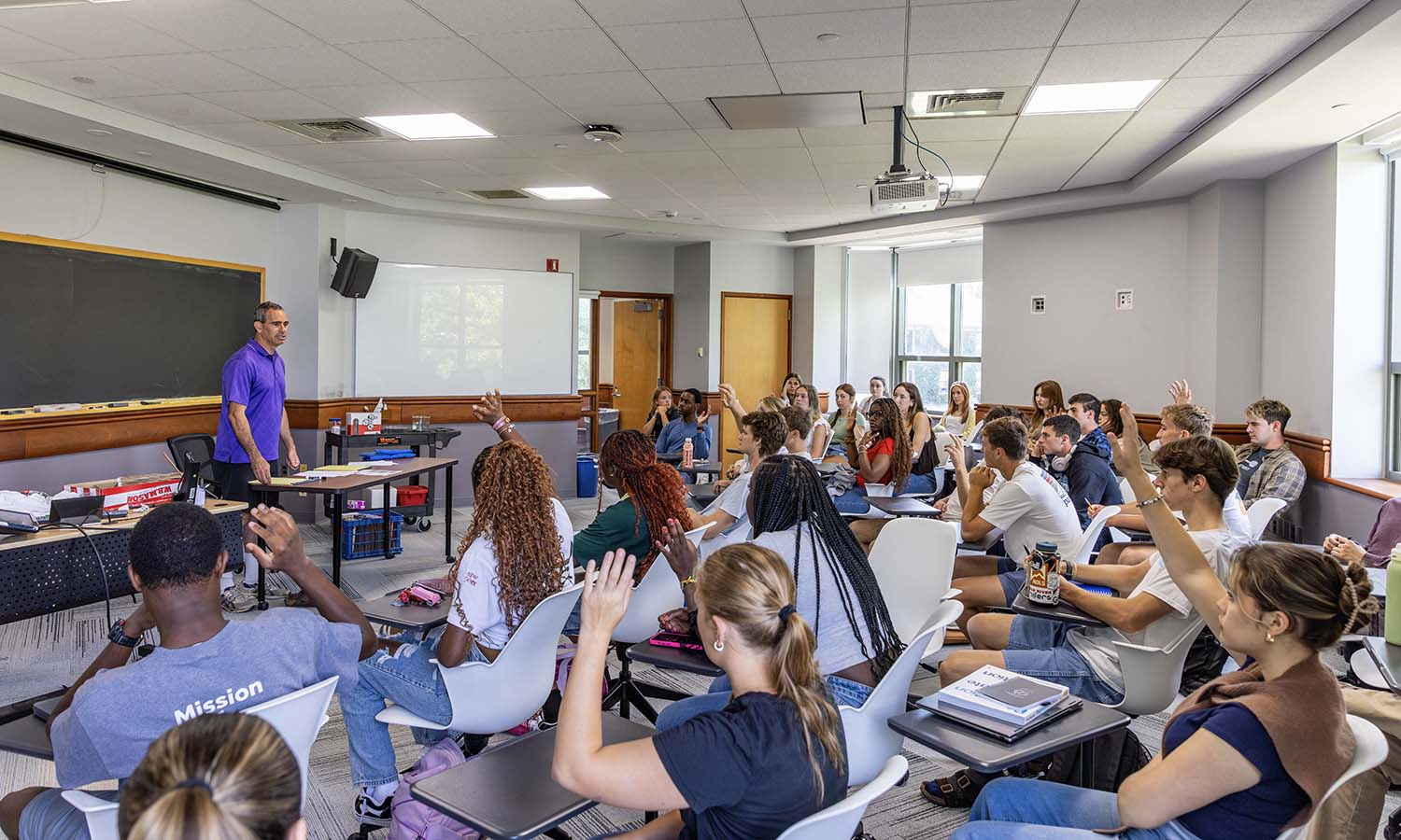 On the first day of “Intro to General Chemistry,” Professor of Chemistry Justin Miller asks students about their preferred study habits. 