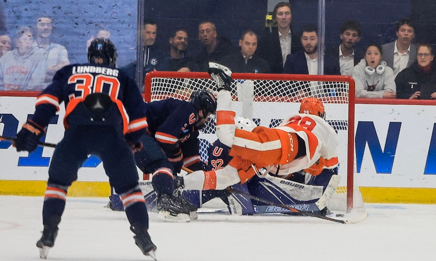 Kahlil Fontana ’26 dives through the air to score the game-winning goal in the Men’s Division III Ice Hockey national championship. The goal helped Hobart claim its third consecutive national championship. The picture caught the attention of Bobby Orr who noted on social media that it “Looks familiar….”