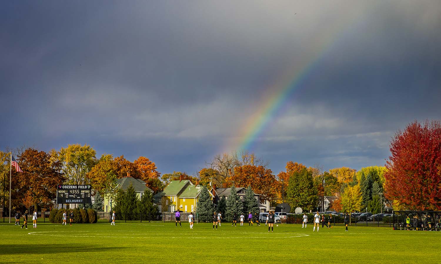 A rainbow appears during William Smith soccer’s win over Bard College. 