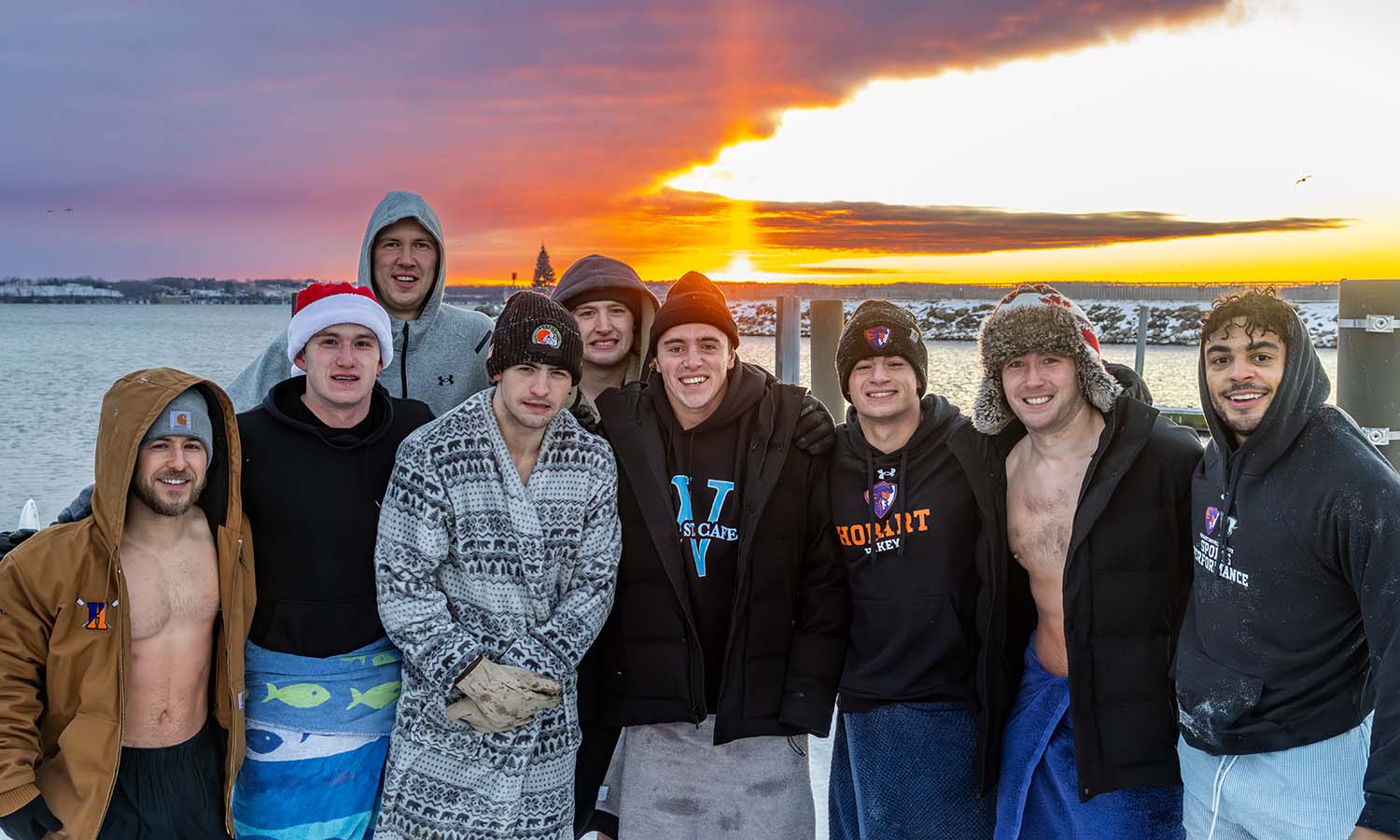 At sunrise, members of the Hobart Hockey team are joined by Sports Performance Associate Head Coach and Director of Sports Science Derek Berry and Sports Performance Assistant Coach Kendall Nemish for their daily plunge into Seneca Lake. 