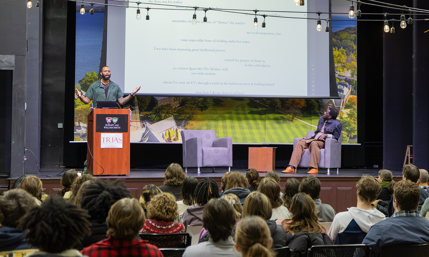 Joseph Earl Thomas reads his work in Bartlett Theatre as part of the Trias Reading Series, curated by 2025 Trias Writer-in-Residence Nana Kwame Adjei-Brenyah. 
