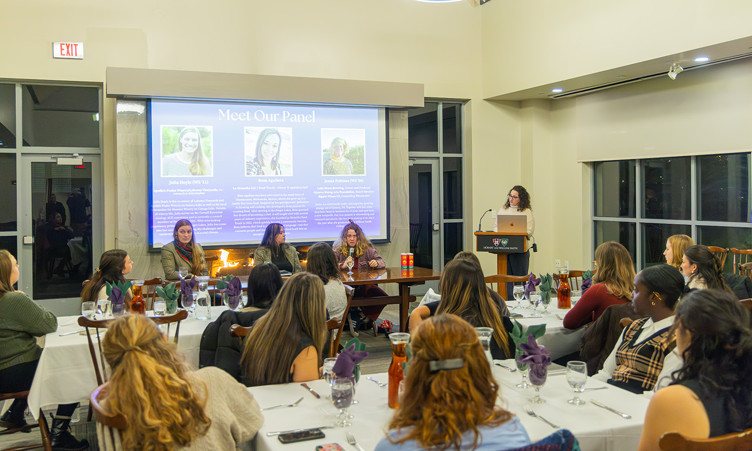 The Women in Business and Leadership Club hosted a panel of local entrepreneurs -  co-owner of Apollo's Praise Winery and Lahoma Vineyards Julia Hoyle '11, Owner of La Monarka LLC Rosa Aguilera, and Owner of Lake Drum Brewing Jenna Pultinas '08. 