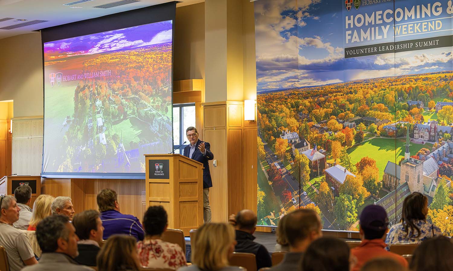President Mark D. Gearan offers a State of HWS address to families and alumni in the Vandervort Room. 