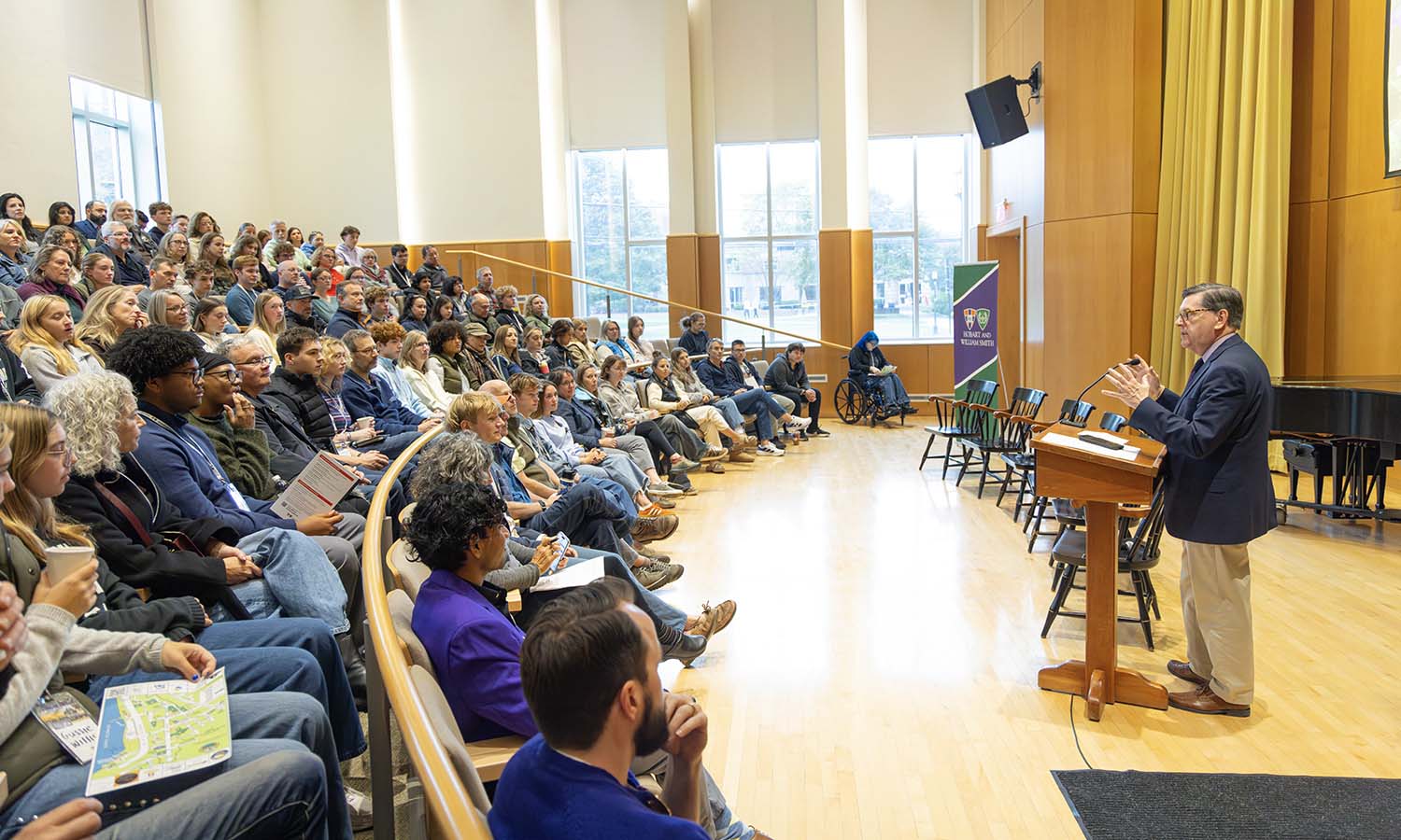 In Froelich Hall, President Mark D. Gearan welcomes prospective students and their families to campus during the Admissions Open House. 