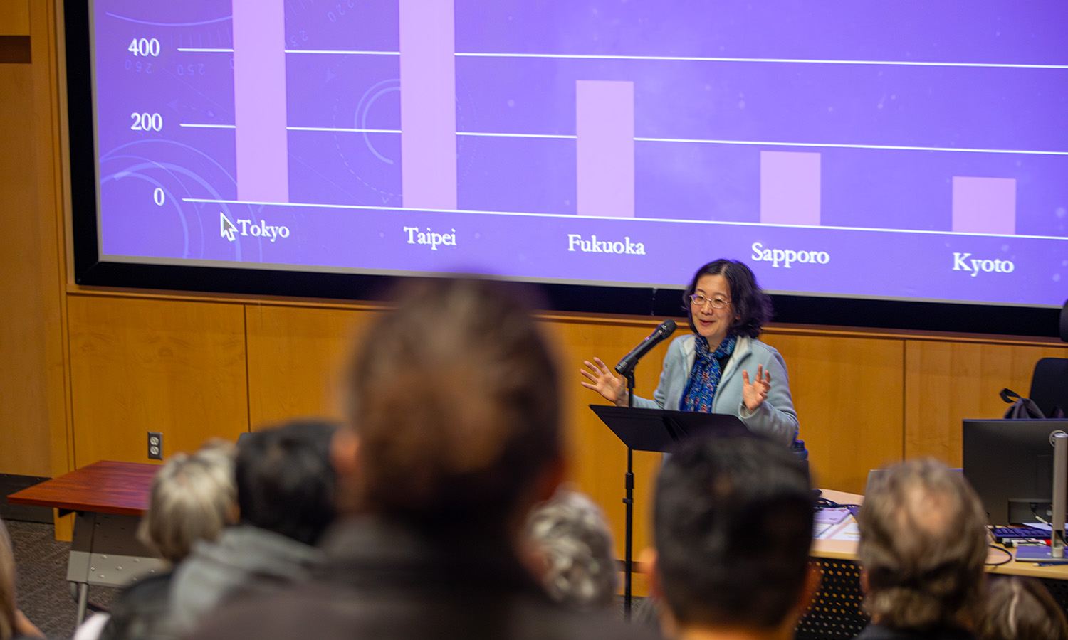 Professor of History and Asian Studies Lisa Yoshikawa presents “Scouting Pacific Islands: Science, Diplomacy, and the Interconnectedness of Knowledge Production” during the Kinghorn Fellow Lecture in the Fish Screening Room. 