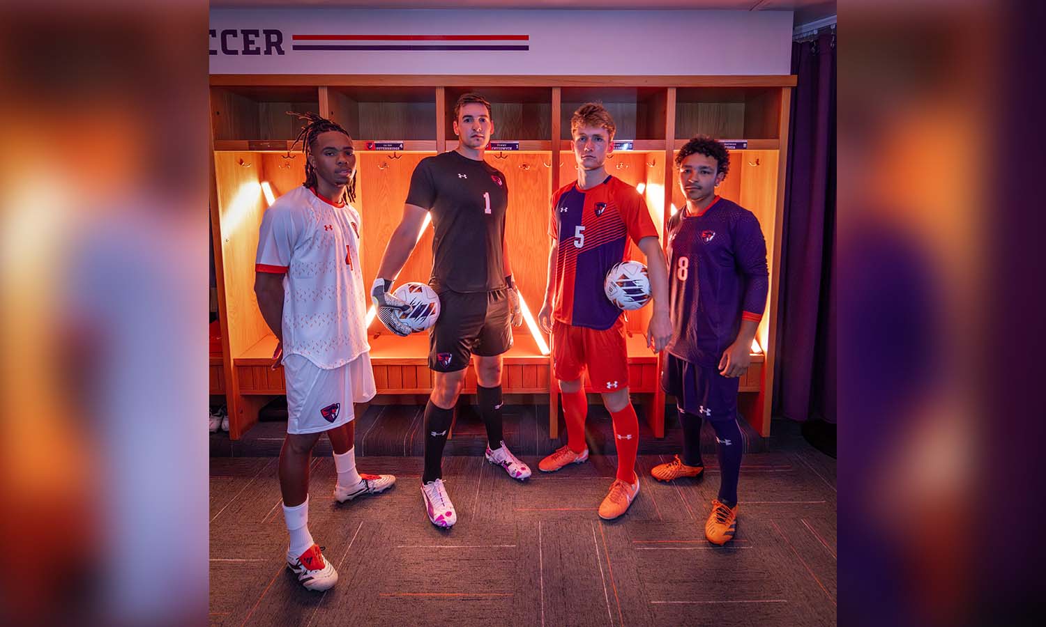 La Zai Outerbridge ’26, Tommy Chyzowich ’26, Quinn Phillips ’26 and Matheus Souza ’26 show off Hobart soccer’s new jerseys in their locker room. The Statesmen begin their 2025 season on August 29, against Kean in New Jersey. 