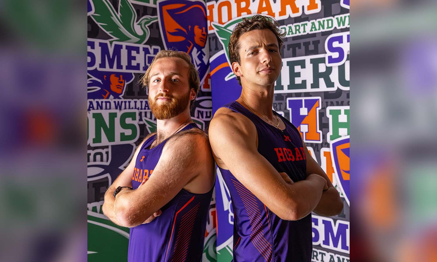 Dylan Meyer ’25 and Sean Moran ’25 gear up for their senior season at the Hobart cross country media day photoshoot. 