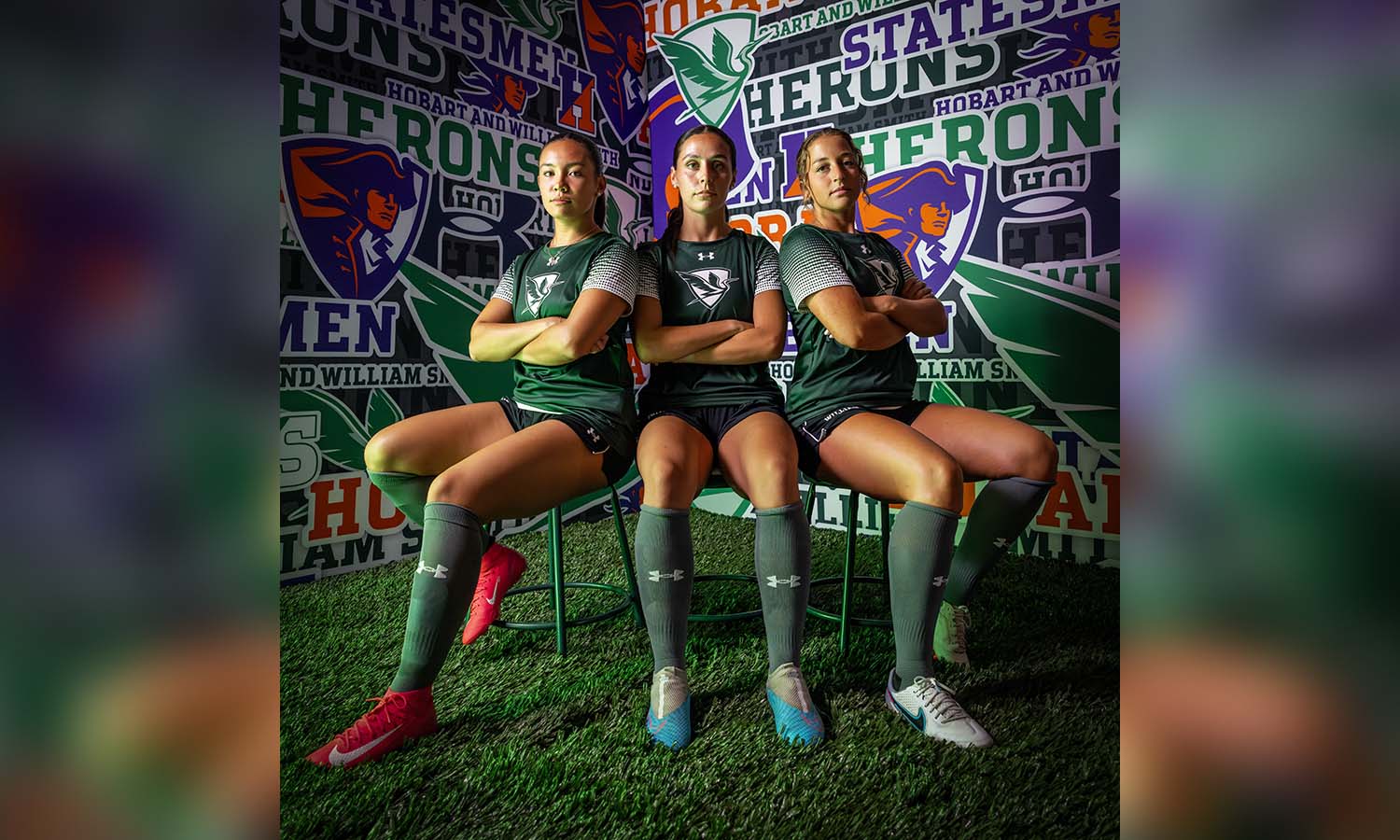 William Smith soccer players Julia Bragg ’26, Anna Nichols ’26 and Emily Blight ’26 strike a pose on media day. The Herons begin their 2025 season on August 29 at DeSales University in Pennsylvania. 
