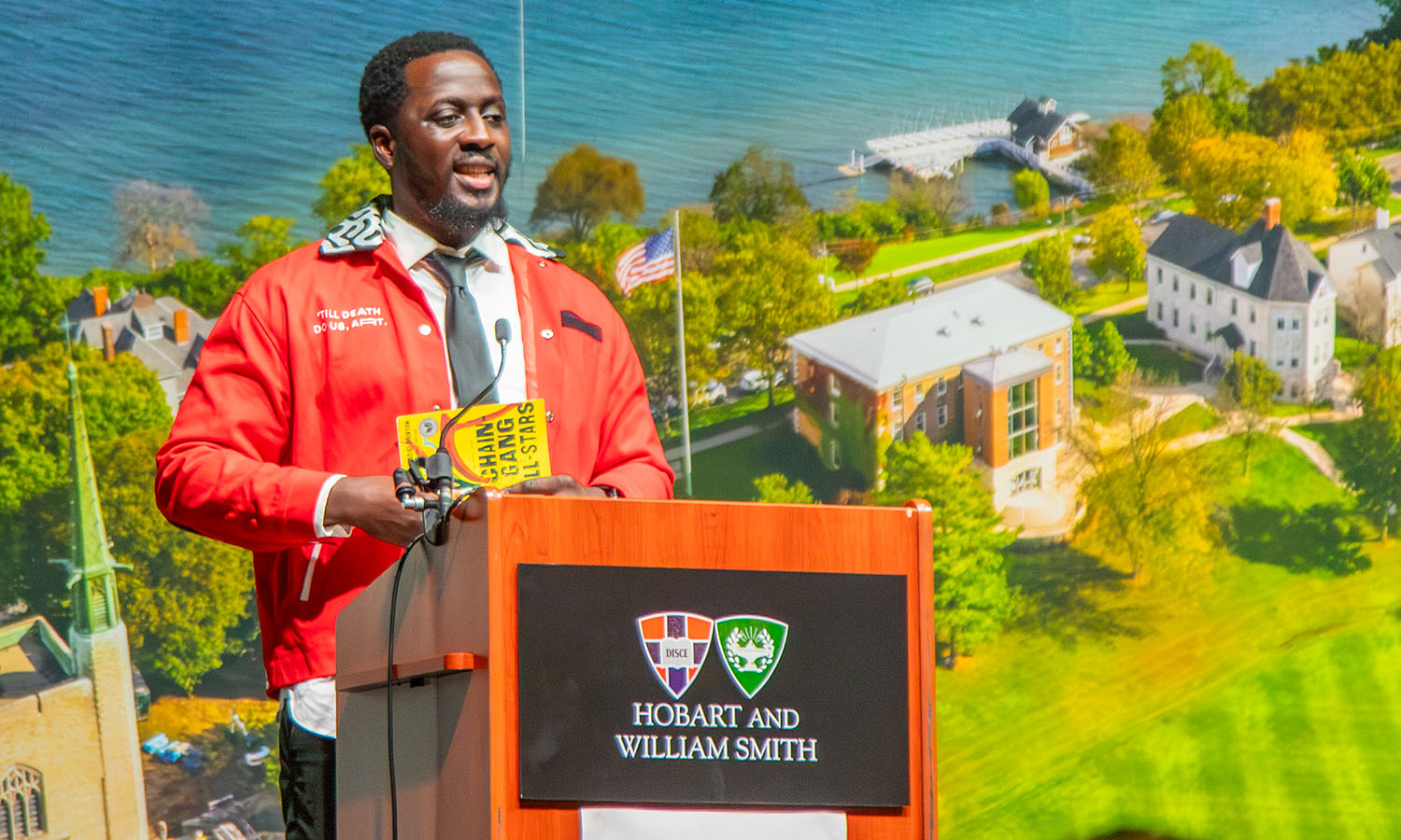New York Times best-selling author and Trias Writer in Residence Nana Kwame Adjei-Brenyah prepares to read from his book Chain-Gang All-Stars in Bartlett Theatre. 