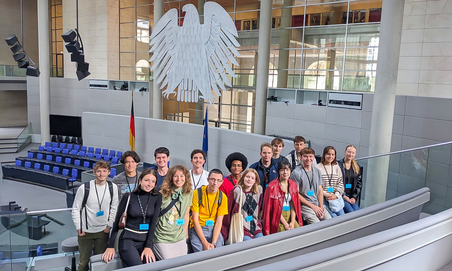 Lacey Somerville '26 (bottom left) visits the Reichstag Building in Berlin with fellow IES Freiberg students, where they are studying political science, international relations, economics, law and business. 