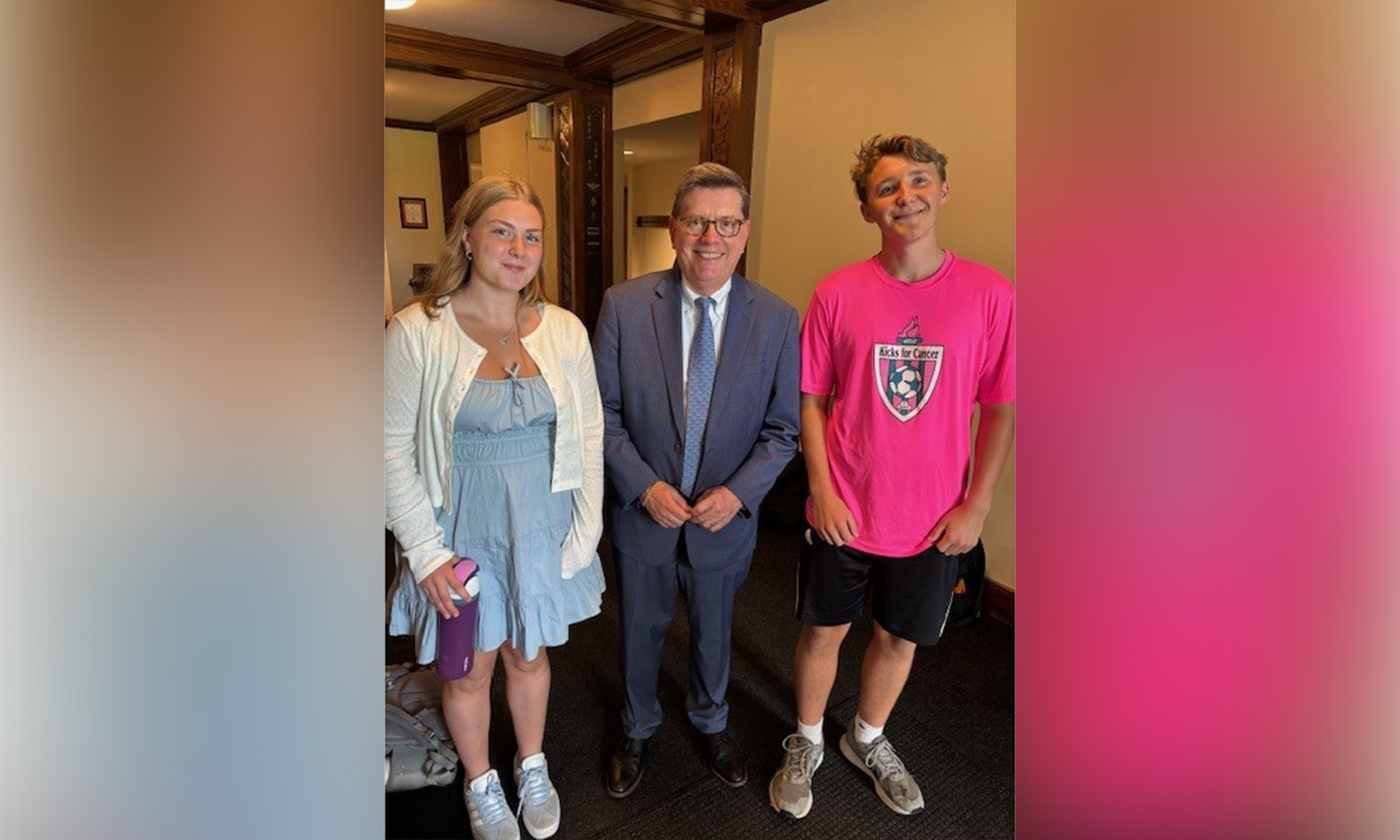 After giving a talk to students, teachers and board members at Middlesex School in Concord, Mass., President Mark D. Gearan connected with students Lily McTeague and Finn Bishop.  