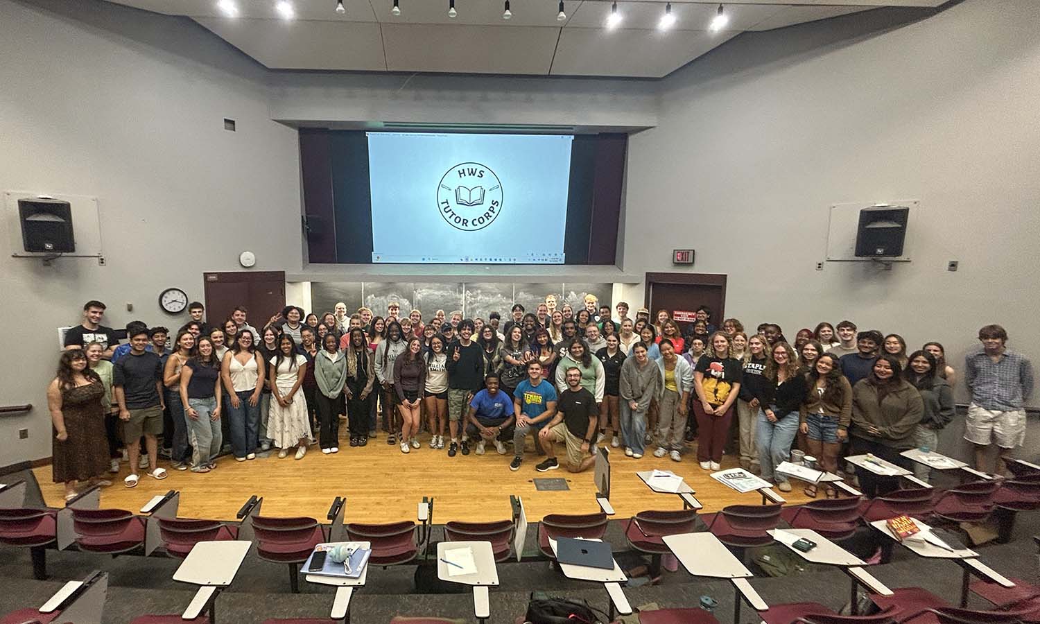 The HWS Tutor Corps poses for a group photo during their training. This semester, 110 tutors will support local K-5 students with literacy education. 