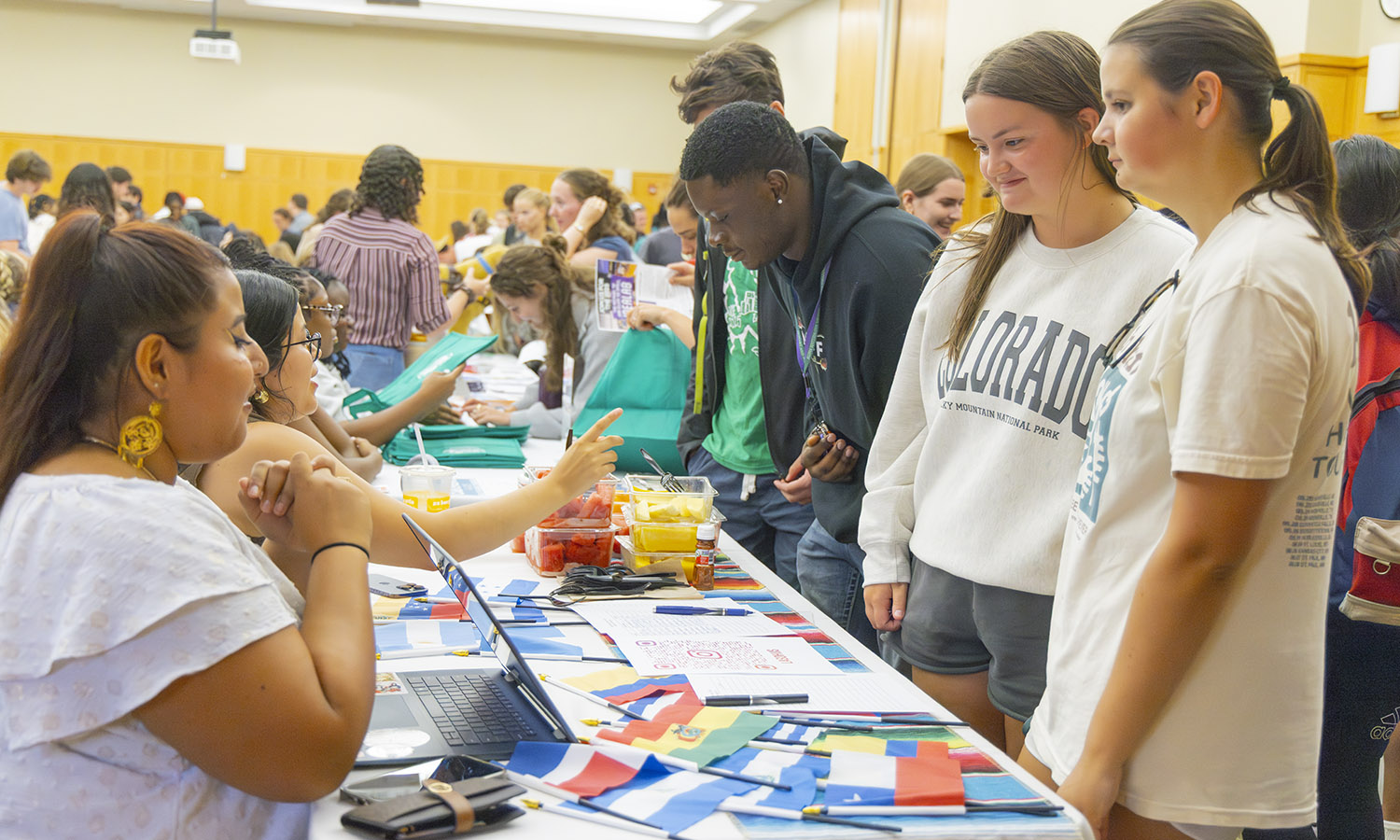 Students learn more about the Latin American Student Organization at the Involvement Expo in the Vandervort Room. 