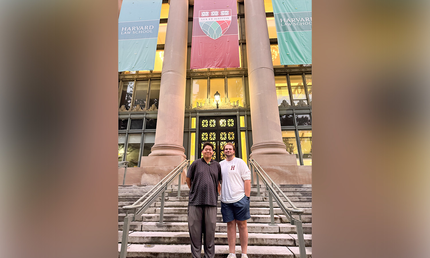 Tenzin Yonten '24 and Jackson Mischler '25 pose for a photo after completing their first week of classes at Harvard Law School. 
