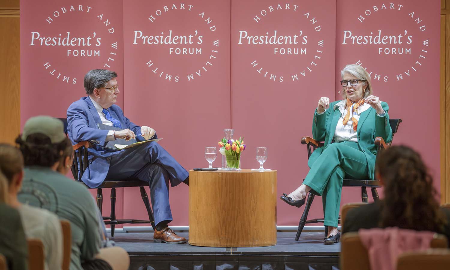 President Mark D. Gearan has a conversation on the future of our oceans with Vikki Spruill P’12, president and CEO of the New England Aquarium, during Wednesday night’s President’s Forum. 