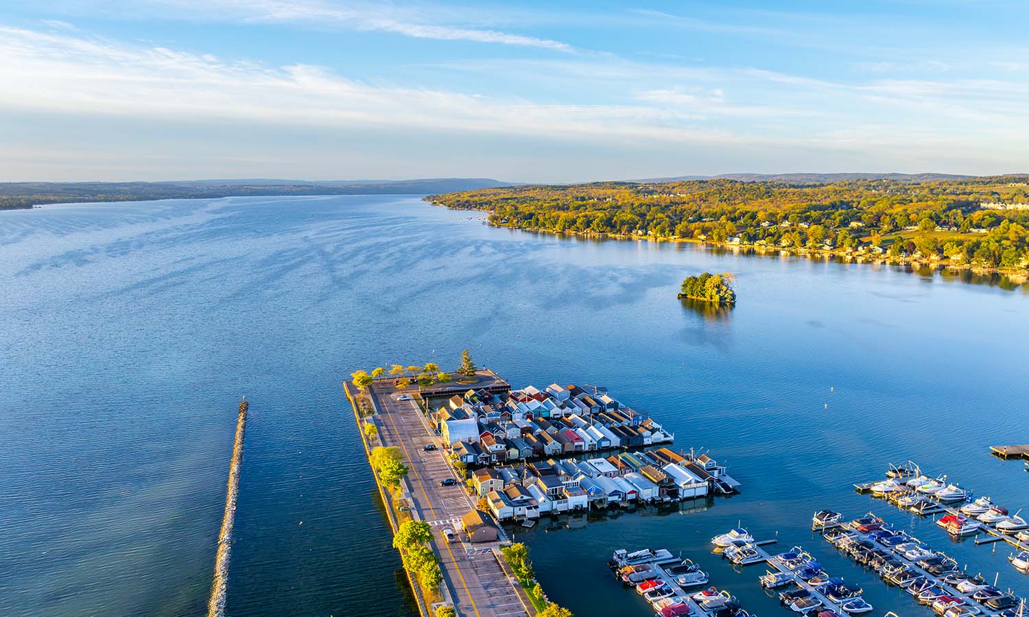 An early autumn aerial view of the boathouses at the north end of Canandaigua Lake. 