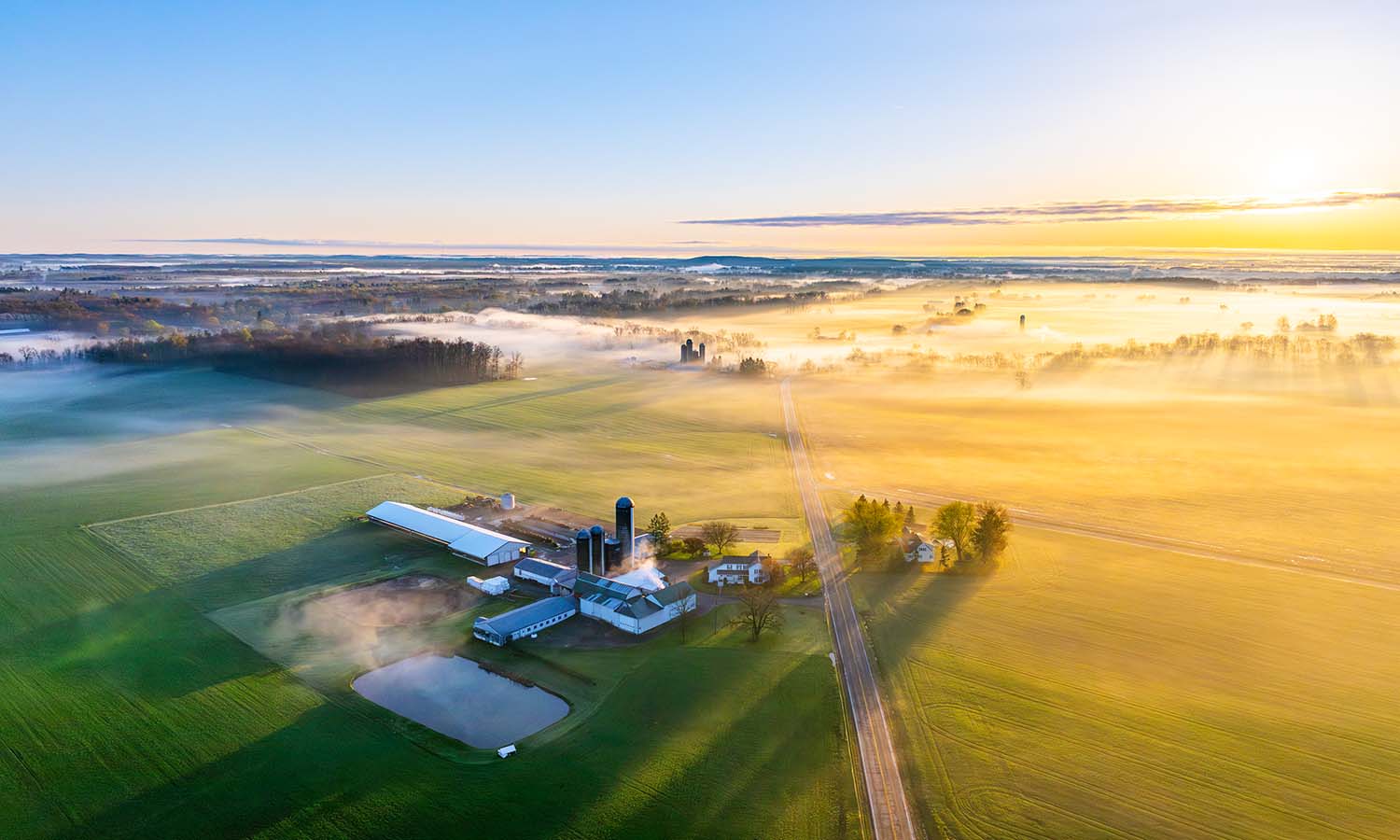 Fog covers farmland on the east side of Seneca Lake at sunrise. 