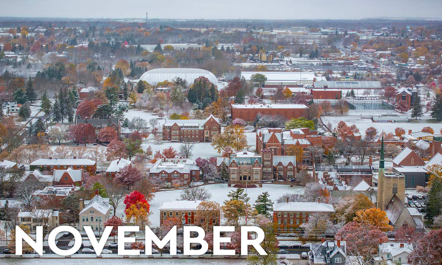 The first snowfall of the season blankets campus in November. 