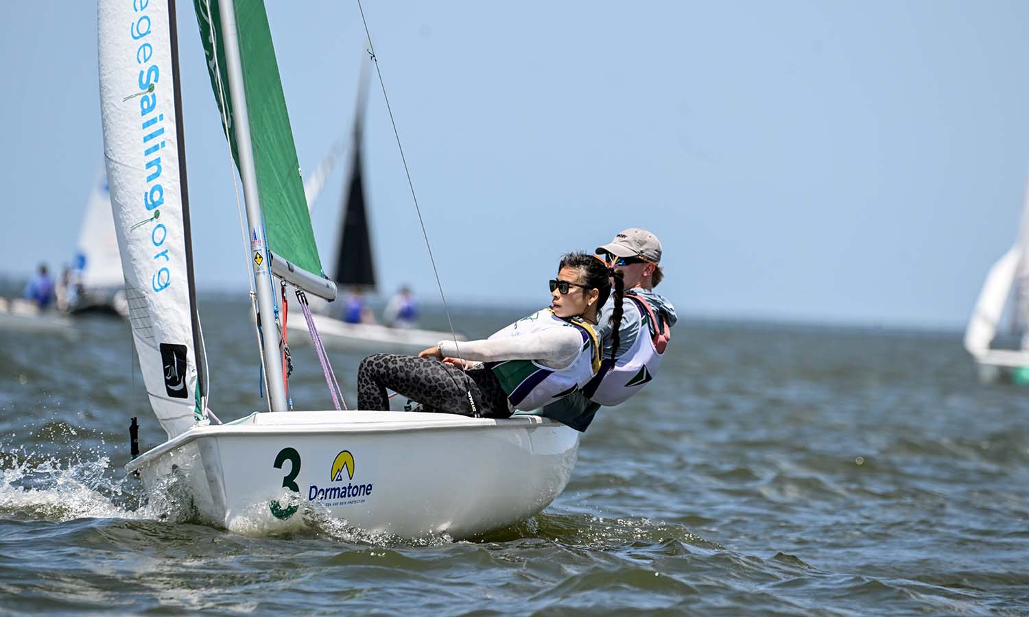 Stella Kim ’27 and JJ Klempen ’27 compete on Lake Pontchartrain in New Orleans. Kim and Klempen led HWS to a 15th place finish at the ICSA Open Team Race Championships. 