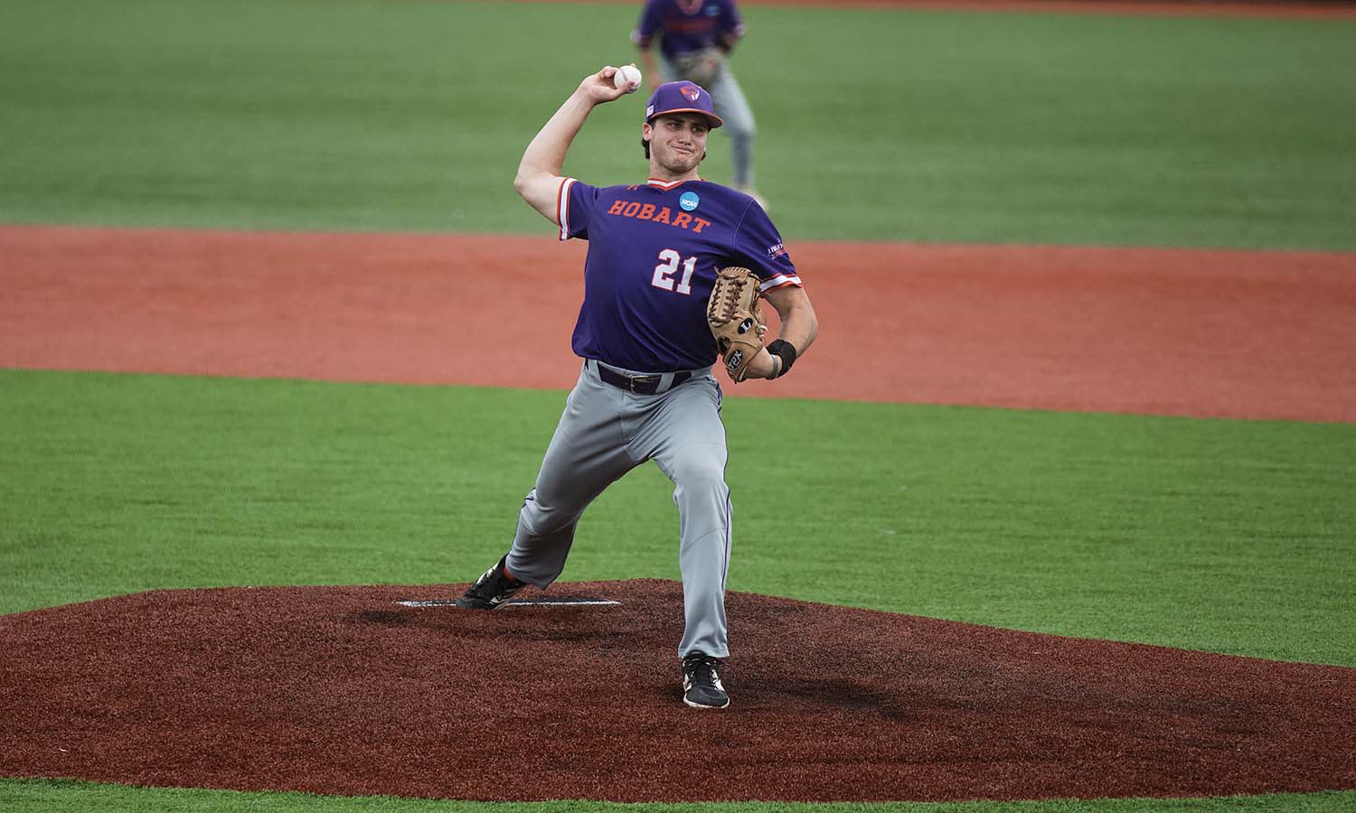 Aaron Forgues ’26 throws a pitch during Hobart baseball’s matchup with Salisbury at the NCAA DIII Baseball Championship. The team had a program-record 32 wins and earned an NCAA Tournament berth. 
