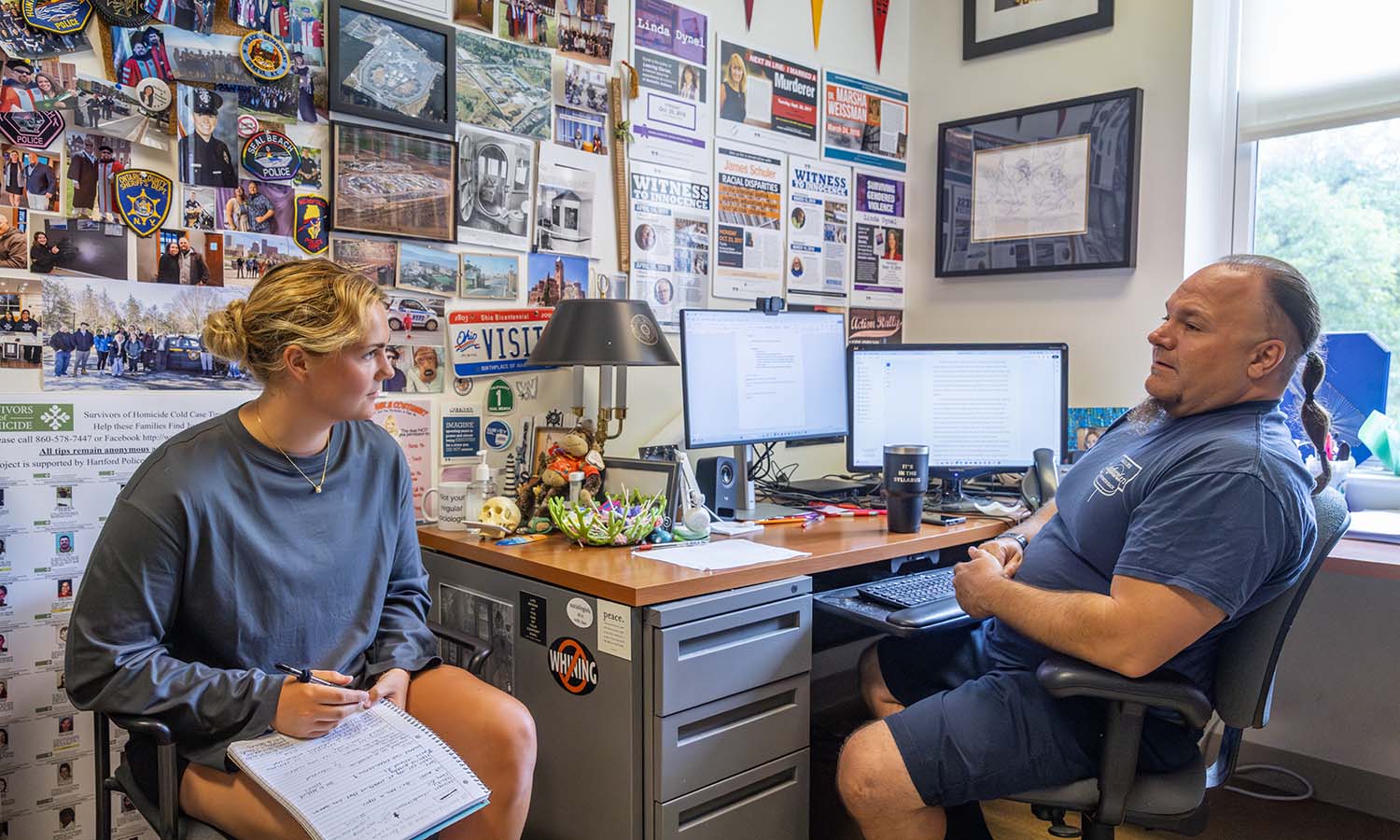 In Stern Hall, Leia Brunt ’26 and Professor of Sociology Jim Sutton discuss Brunt’s research project creating a secure database of accounts from victims and survivors of crime. 