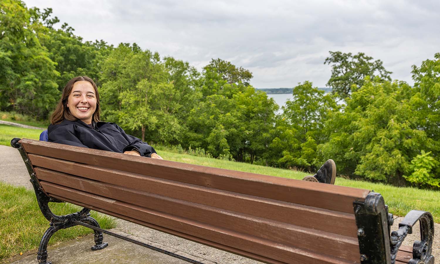 Aspen McAuley ’29 enjoys relaxing on the benches along South Main Street because they are a “great place to unwind after the day and watch all that's happening on Seneca Lake.” 