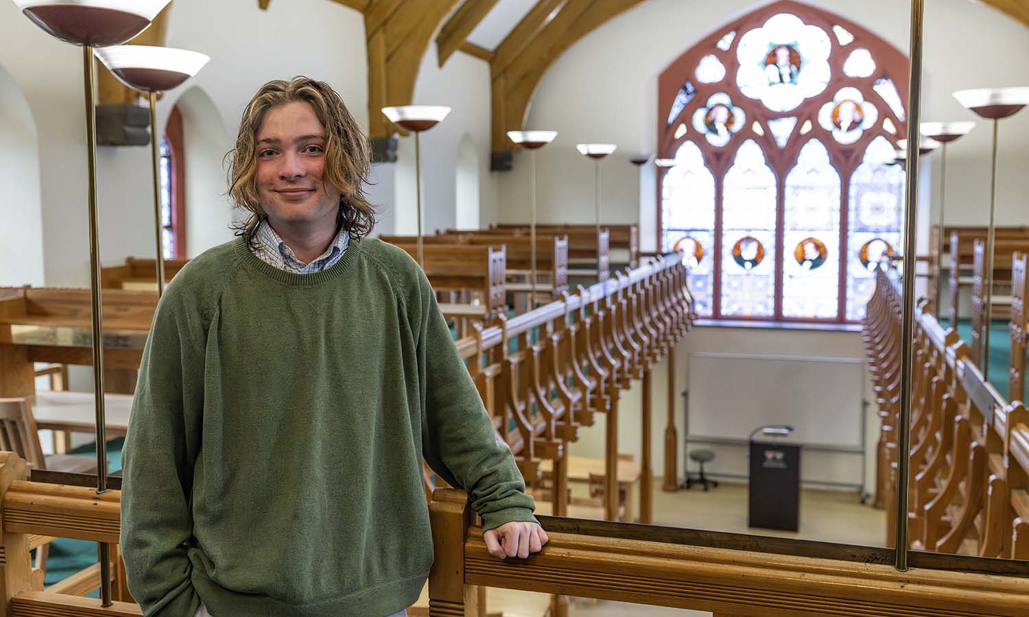 Tom Fahey ’27 poses in the Blackwell Room, where he enjoys studying with friends and attending interesting lectures. 
