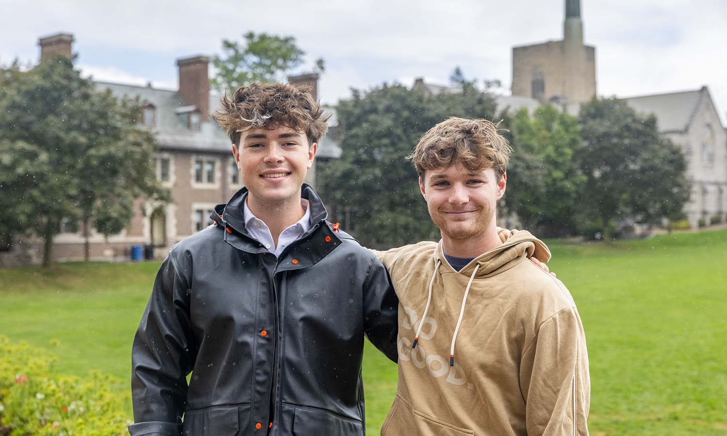 Price Morris ‘28 and Aiden Soika ’28 stand together on the Quad, where they like to hang out, play catch with a football, or visit friends in Medbery Hall. 