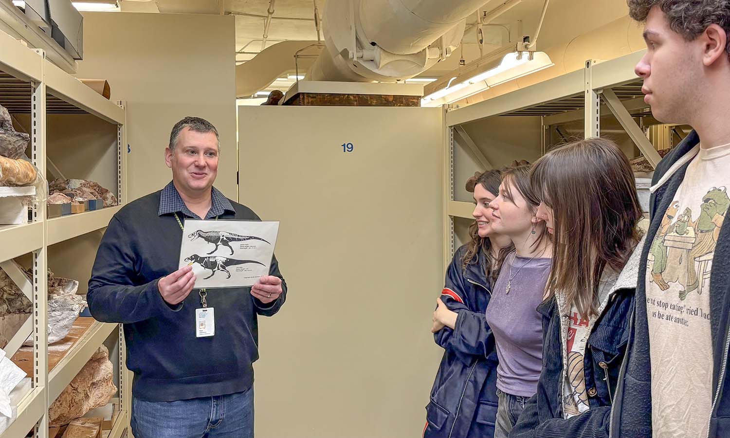 During a class trip for “Paleontology” with Associate Professor of Geoscience David Kendrick, Curator of Vertebrate Paleontology at the Carnegie Museum of Natural History Matt Lamana ’97 leads students on a tour and talks about his career. 