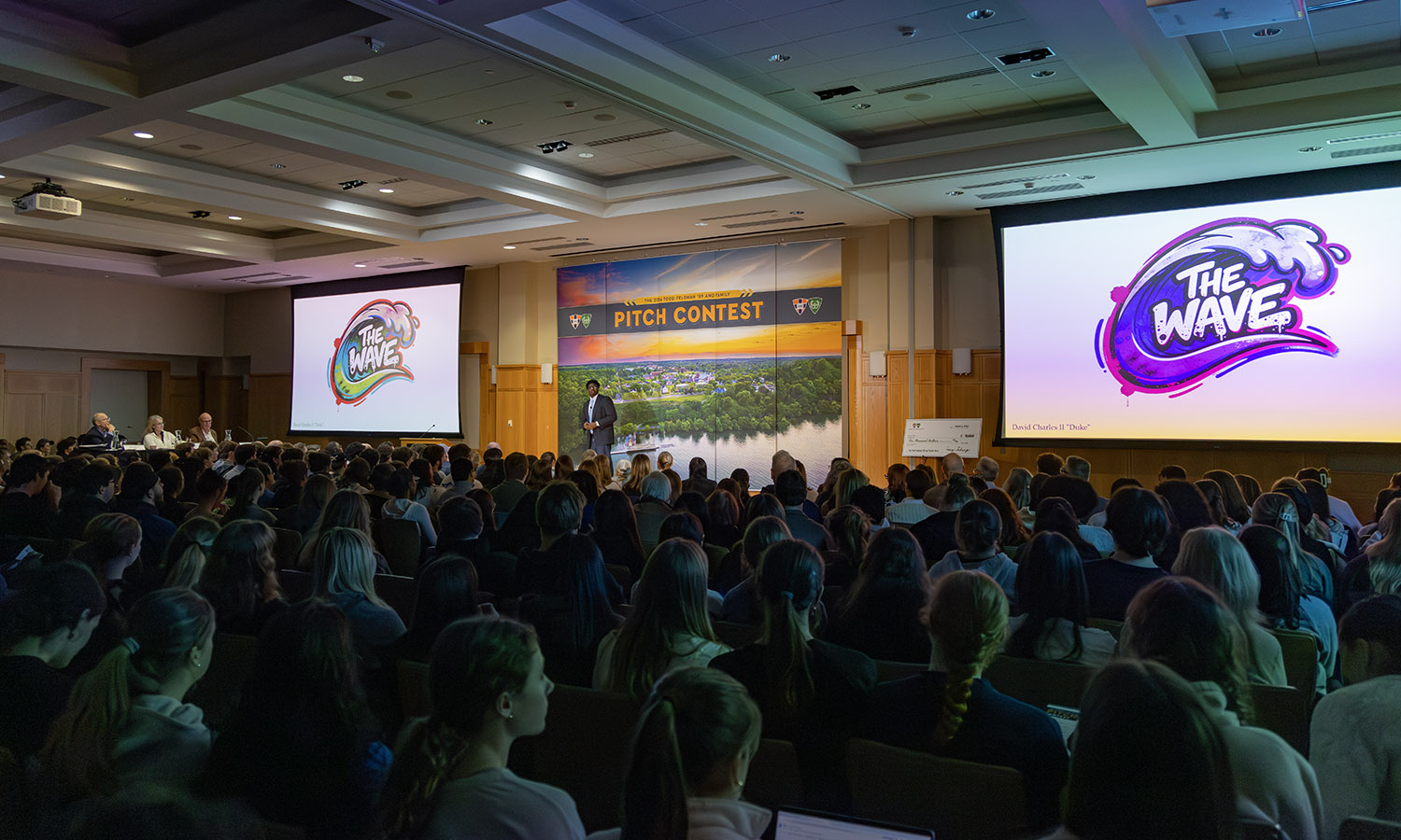 During the 15th annual Todd Feldman ’89 and Family Pitch Contest, David Charles II, “Duke” ’27 presents The Wave. Charles won the competition and a $10,000 grant to launch his business.  