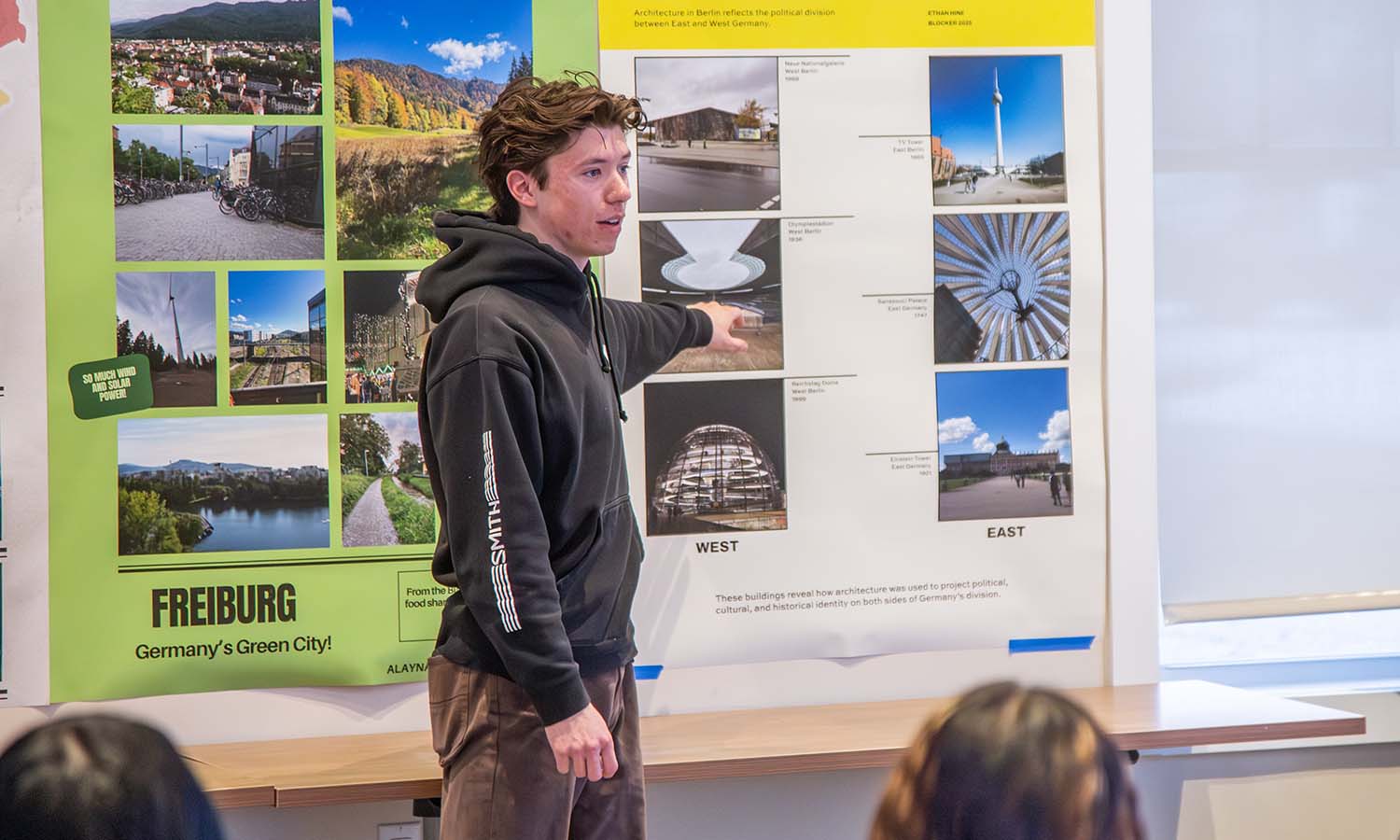 Ethan Hine ‘27 shares his research on the architecture of Berlin, Germany at the Spring 2026 Blocker Showcase. 