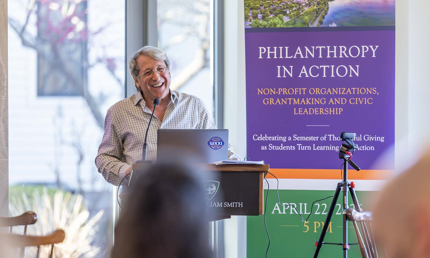 Mike Gantcher ’92 shares with students and community members the Jewish phrase L’dor v’dor, meaning generation to generation, which represented the importance of philanthropy. He was joined by his father Nathan P’92, GP ’27, wife Christina P’27 and son Billy ’27, who served as the “Philanthropy in Action” course's Teacher’s Assistant.  