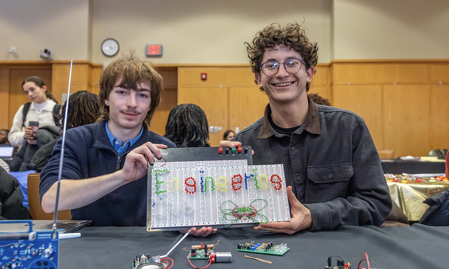 Berke Otus '28 and Finn Palermo ‘28 pose for a photo while representing the Engineering Club at the Involvement Expo. 