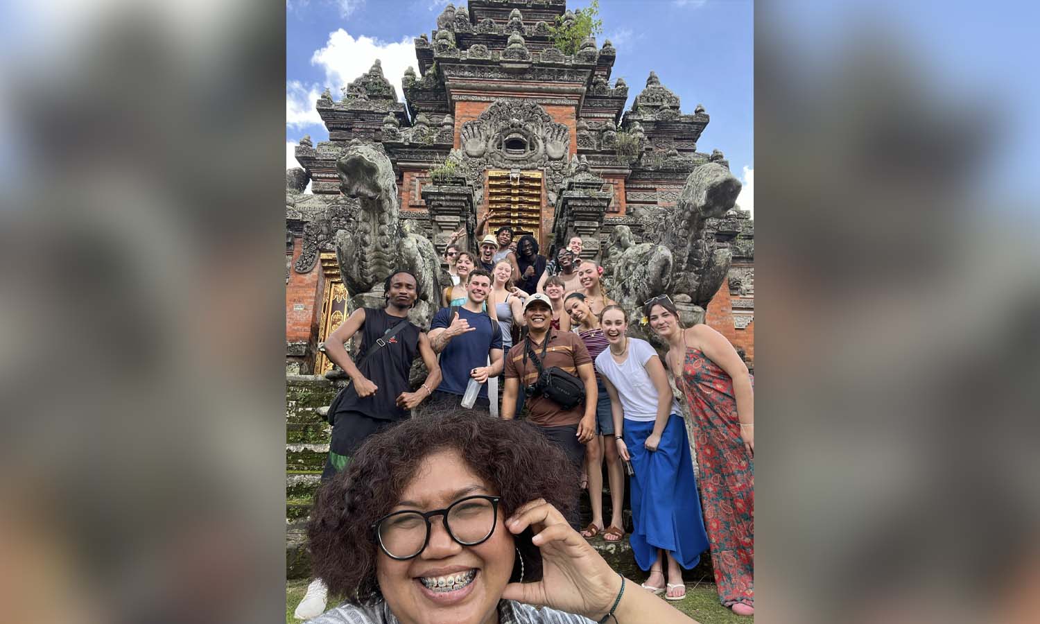 During a J-Term trip to Bali, Indonesia with Professor of Theatre Chris Hatch, students pose for a selfie. 