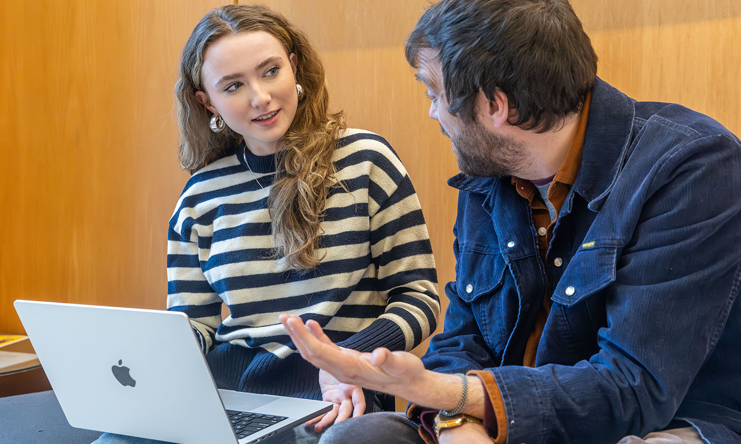 Instructor of Practice for Media and Society Casey Puccini works with Elise Henry ‘28 on her short film project. 