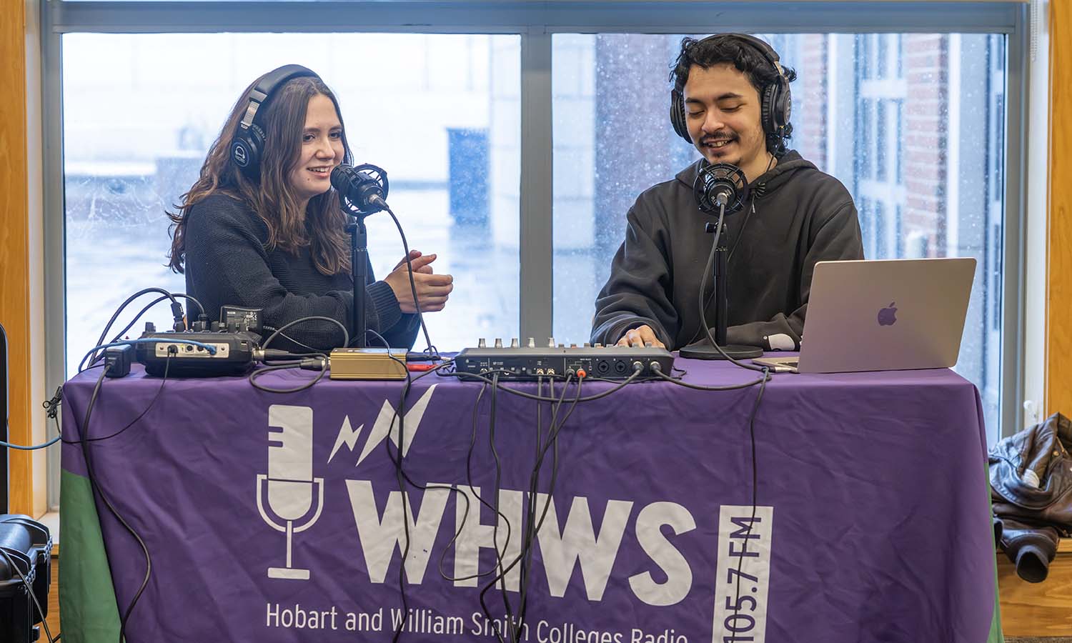 Rachel Morton ‘26 and Luis Gontes ‘27 host a radio show in the Scandling Campus Center on Friday afternoon. 