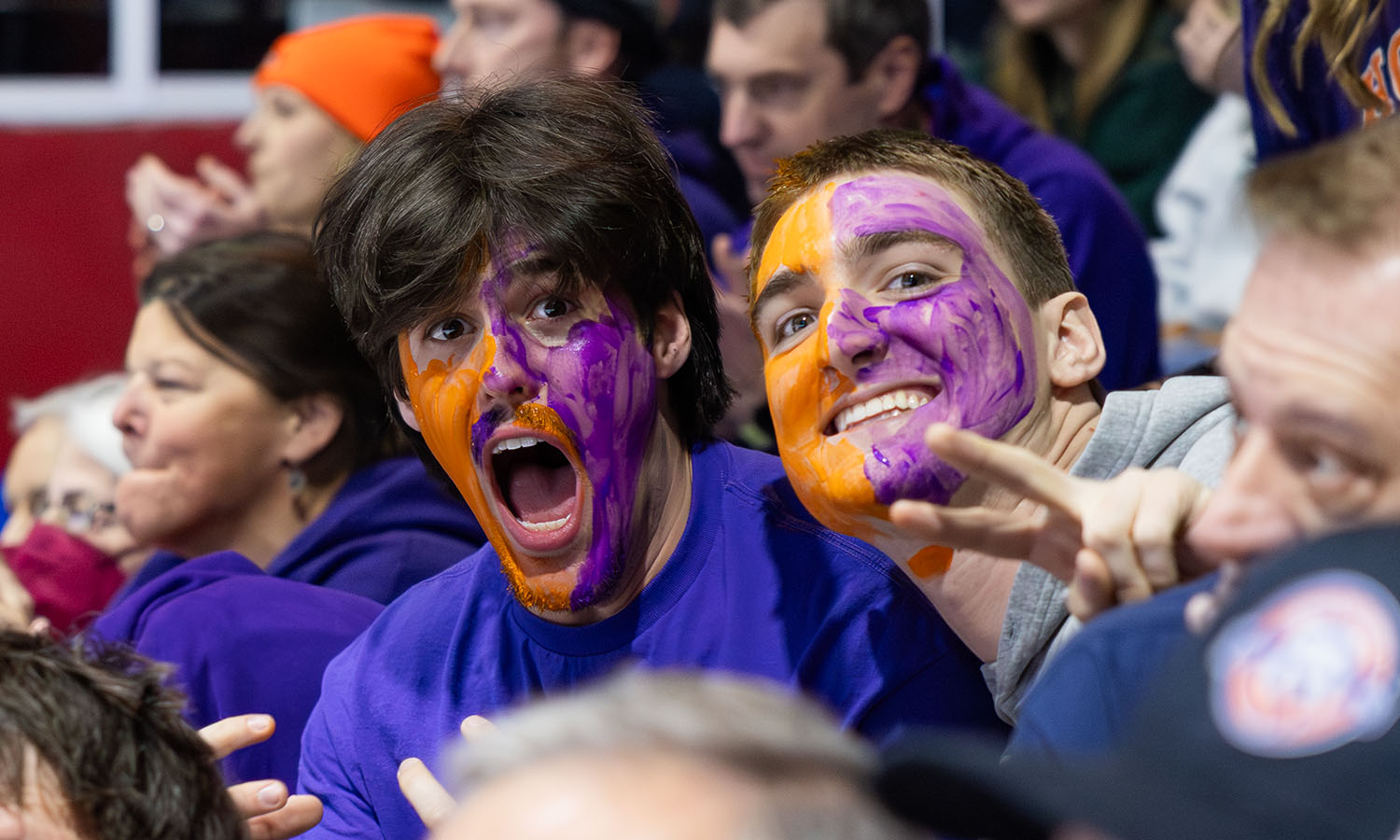 Nathan Deller '27 and Noah DeLong '27 cheer on the Hobart Hockey team at the Division III NCAA National Championship in Utica, NY. 