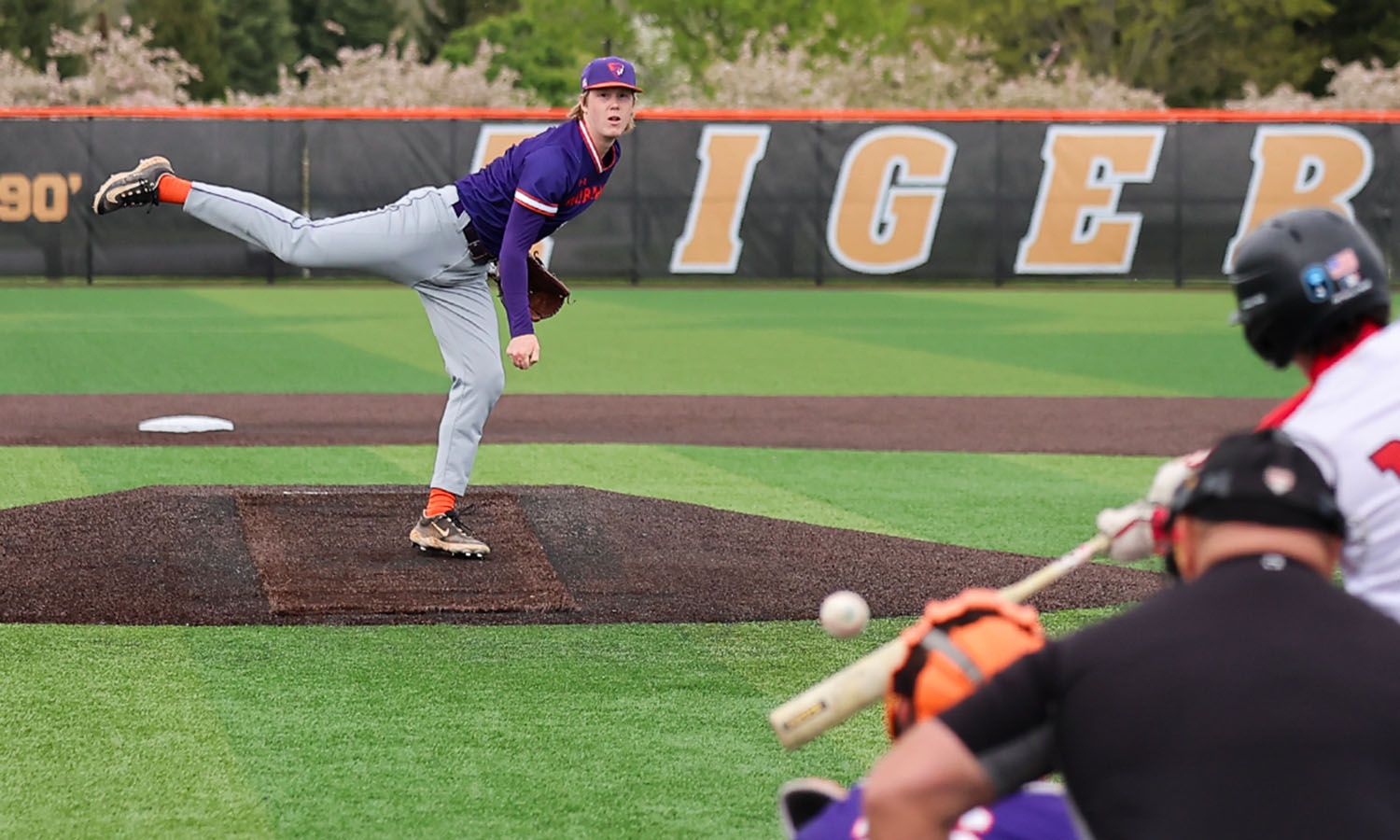 Teck Nash '26 delivers a pitch versus RPI in the Liberty League Tournament. Nash pitched a complete game in the Statesmen's 7-2 victory to help establish a new program record for wins in a season with 28. 