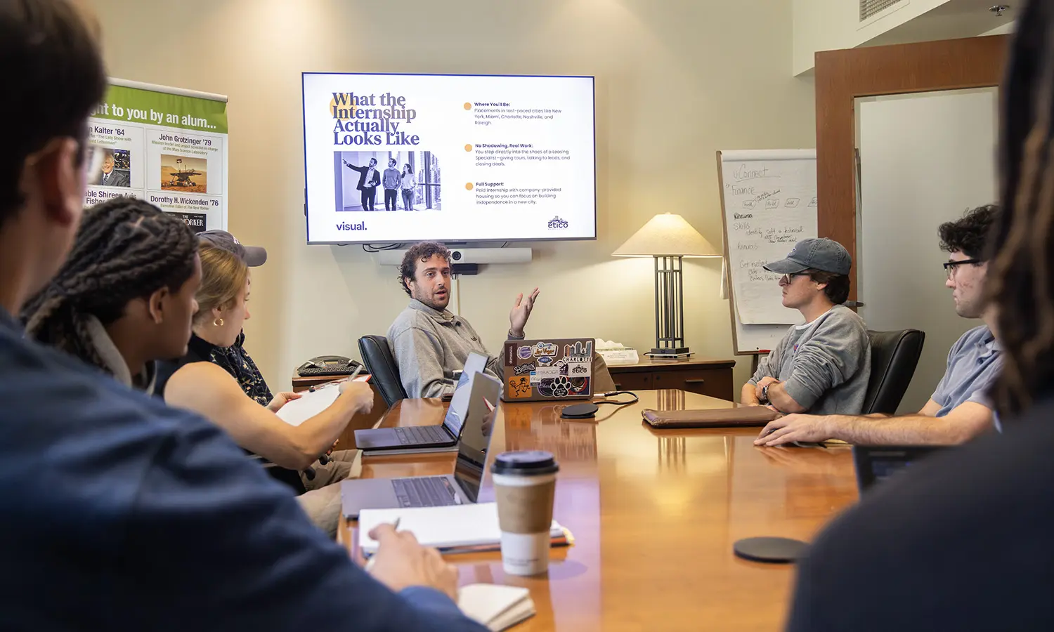 Visual PM Head of Operations and Co-Owner and CEO of Etico Management Harrison DeMaria '19 speaks with students about internship opportunities. 